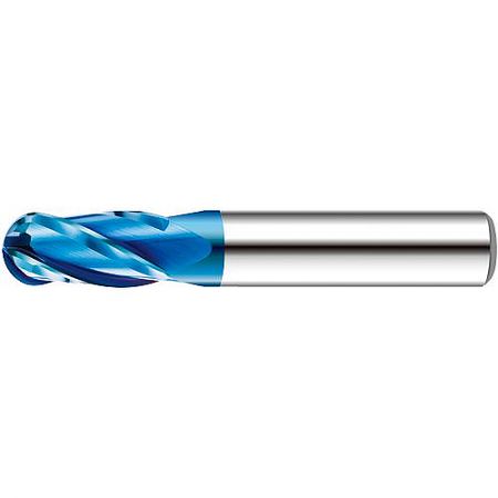 998V-AANB 4-Flute Ball End Mill with NACO-BLUE Coating for High-Speed Dry Machining - Close-up of a 998V-AANB 4-flute ball end mill with NACO-BLUE coating for precision steel machining.